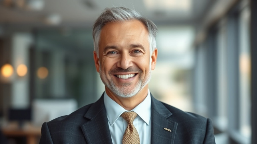 Professional man smiling in office setting, related to insurance options.