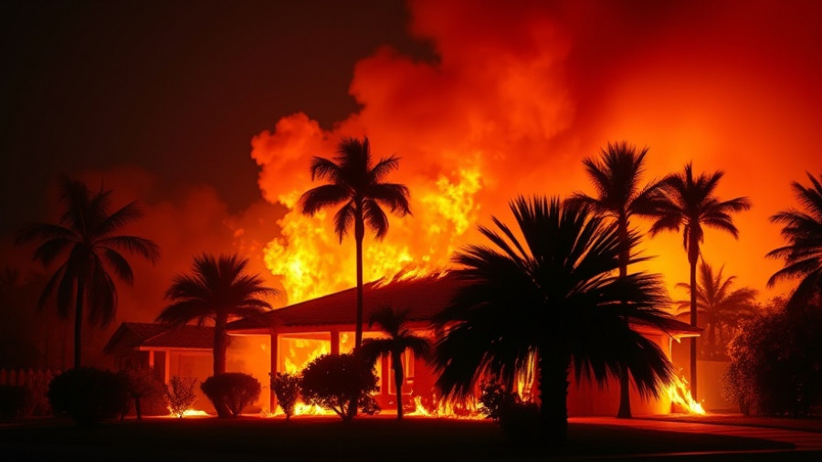 California wildfire crisis depicted with house engulfed in flames.