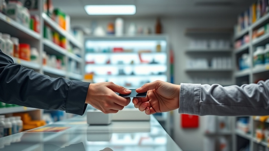 Hands exchanging credit card at pharmacy for Insurance options senior care Muskegon