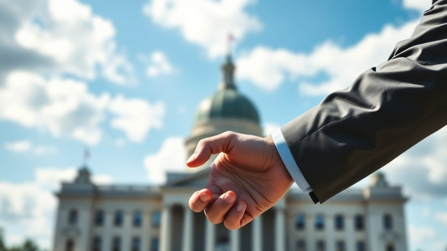 Two people shaking hands in front of a government building in Muskegon.