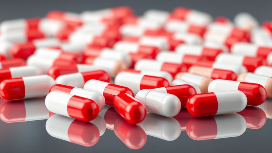 Red and white capsules arranged in rows on reflective surface.
