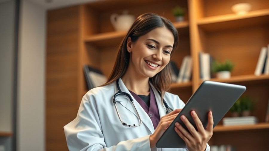 Female doctor uses tablet for digital health records in office.
