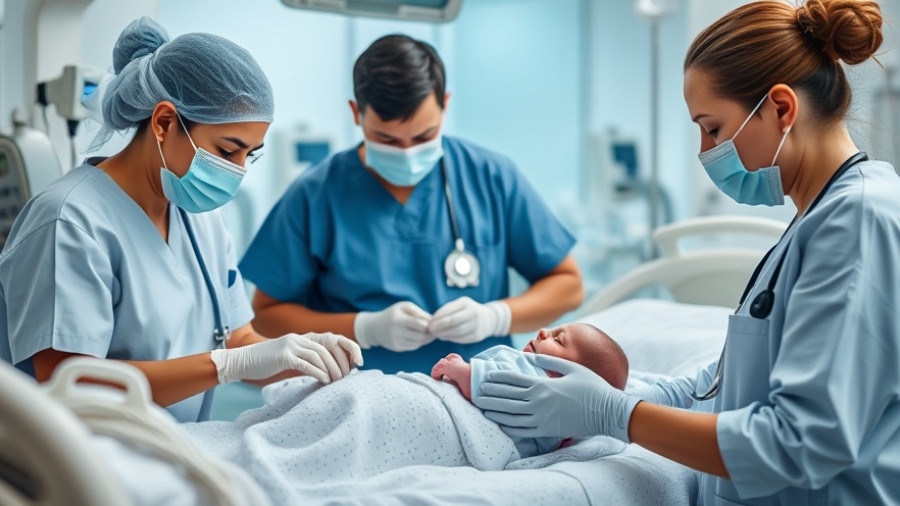 Healthcare team using wearable medical devices with newborn in hospital.