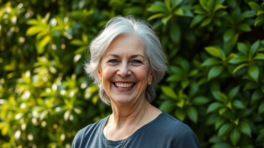 Middle-aged woman smiling outdoors, lush greenery background.