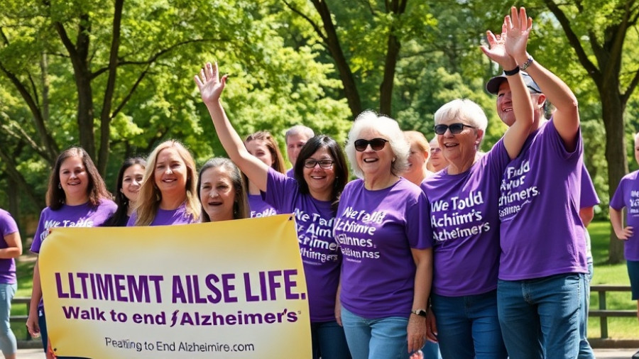 Walk to End Alzheimer's participants in vibrant purple shirts smiling outdoors.