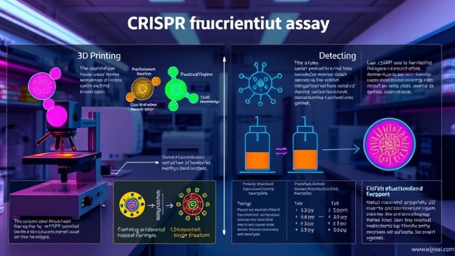 Infographic of CRISPR fluorescent assay process for fast Alzheimer's test.