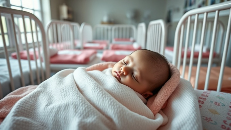Newborn in hospital nursery with empty cribs, highlighting rising birth rates no longer linked to economic prosperity.