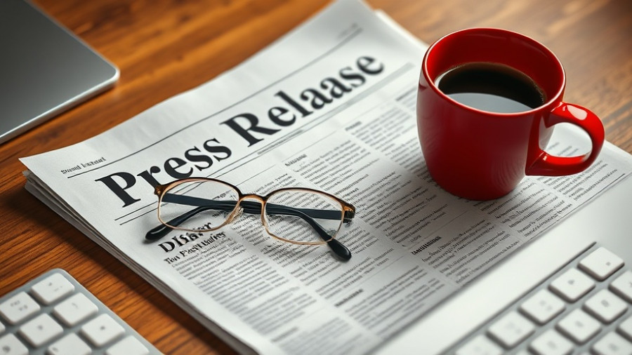 Office desk with press release, coffee, and glasses.