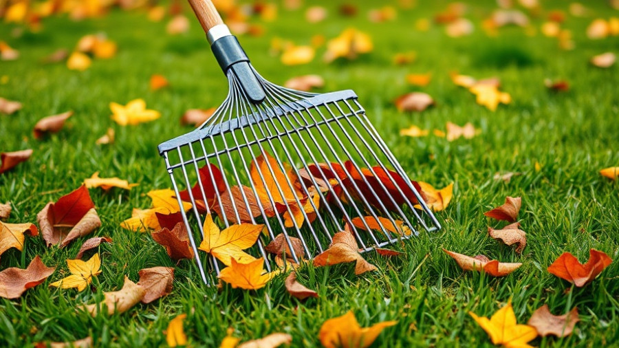 Close-up of rake and autumn leaves on a lawn for fall lawn care in Oklahoma.