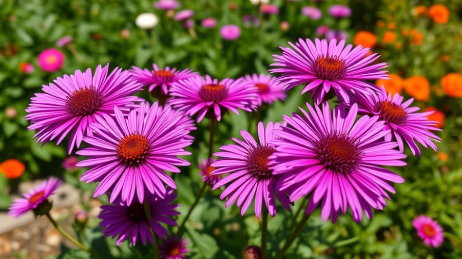 Blooming October Skies asters in a lush garden.
