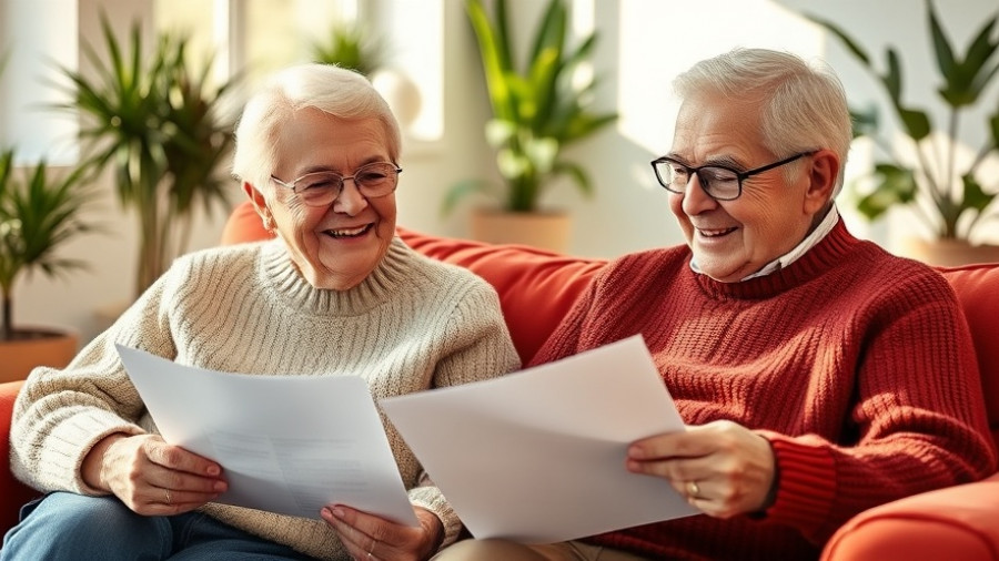 Elderly couple reviewing retirement planning documents, cozy setting