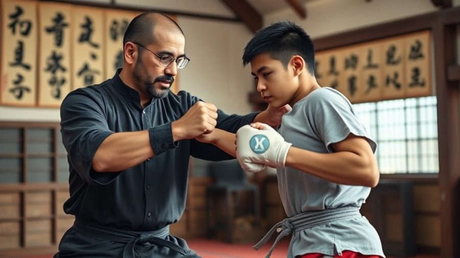Mantis Boxing empowerment training with instructor and young student in dojo.