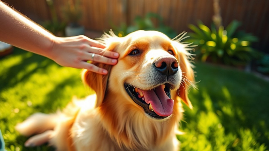Older dog enjoys head pat in sunlit yard. Dogs aging biomarkers.
