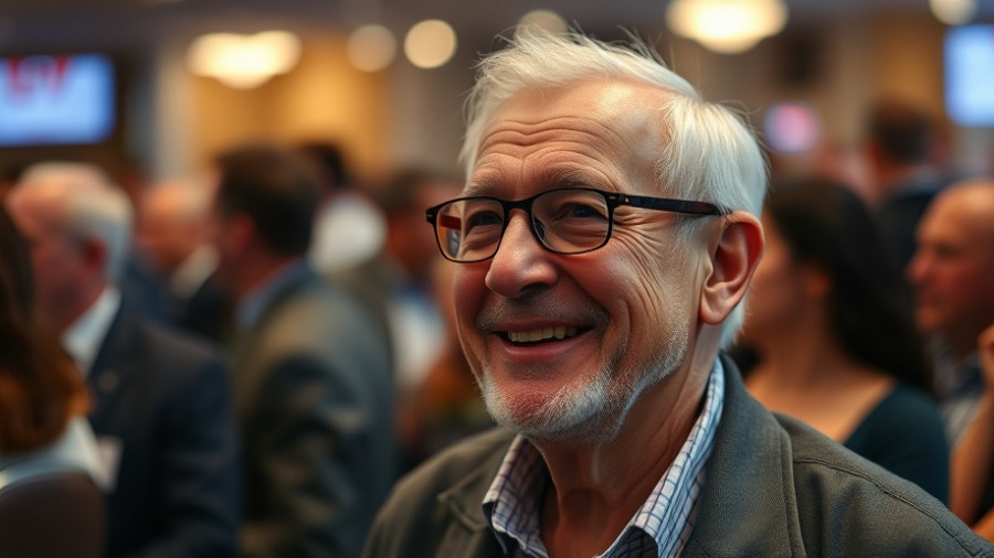 Elderly man smiling at event, Warren Buffett investment strategies retirement.