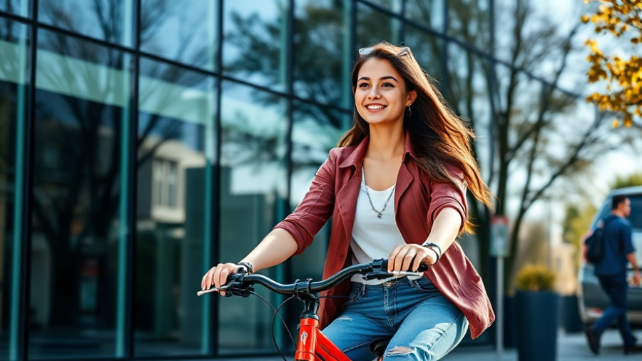 Modern urban scene with woman biking by a glass building.