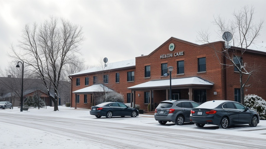John Manchin Senior Health Care Center covered in snow under a cloudy sky.