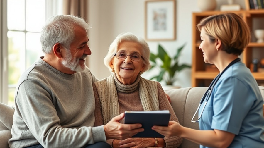 Senior couple discussing emotional well-being with caregiver in living room, Companion Care.