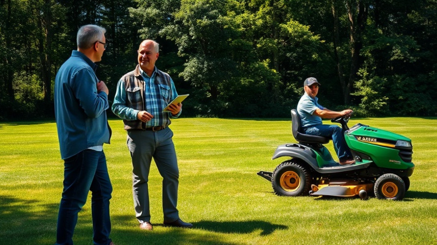 Men discussing battery-powered lawn mower on grassy field.