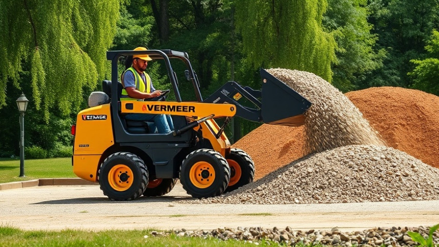 Vermeer mini loader ML series dumping gravel in a park setting.