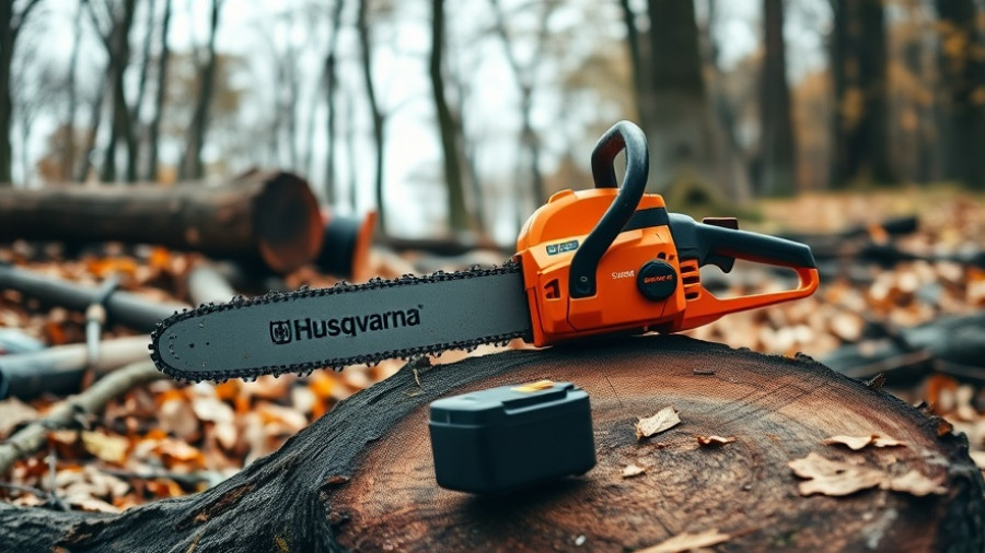Husqvarna chainsaw lineup on a tree trunk with fall leaves.
