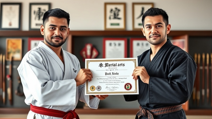 Martial arts instructors in Gurnee showcasing a certificate in a dojo.