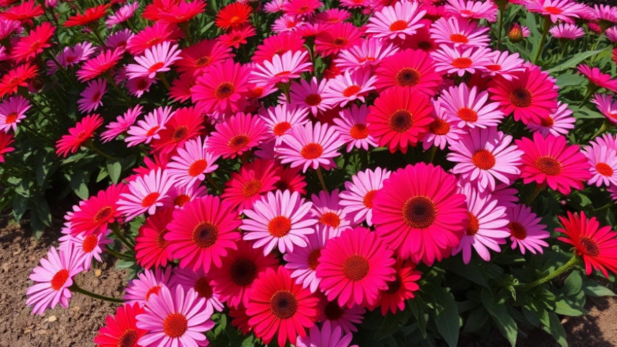 Vibrant flower bed with pink and red daisies in natural light.