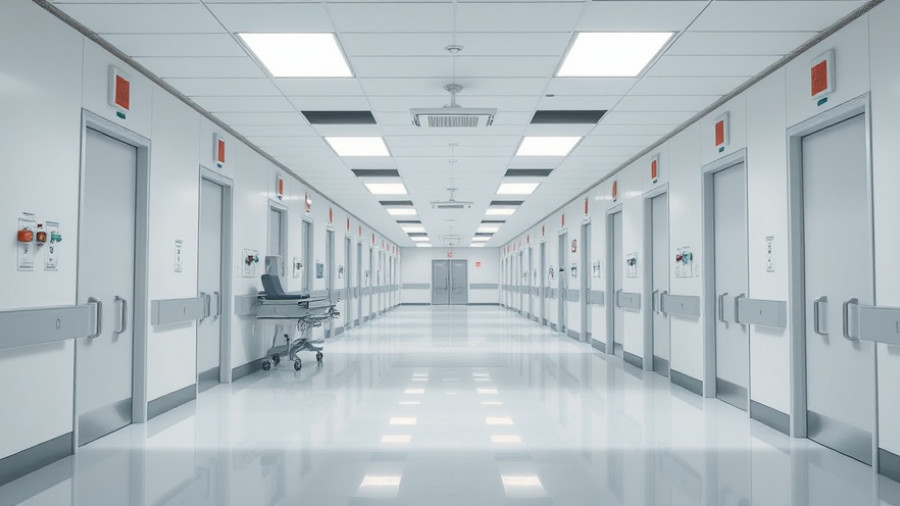 Hospital corridor as symbolic backdrop for health insurance premium increases in Kentucky.