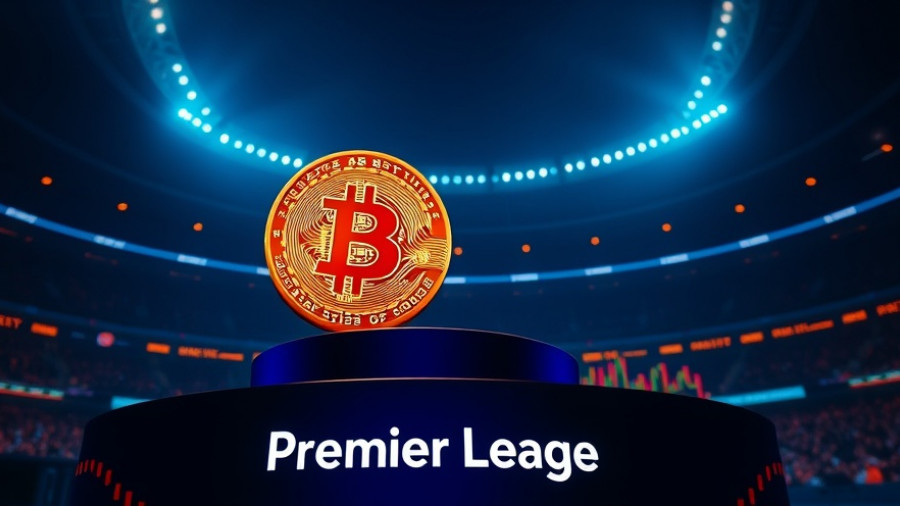 Dynamic bitcoin and Premier League logo with stadium lights.