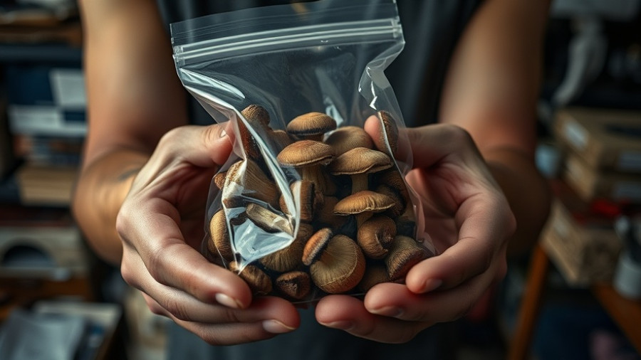 Image of hands holding bag of psychedelic mushrooms, highlighting future medicine potential.