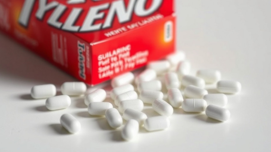 Tylenol caplets next to their red box on a white surface.