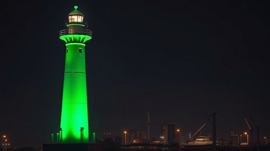 Green-lit lighthouse in Mississippi representing Alzheimer’s awareness.