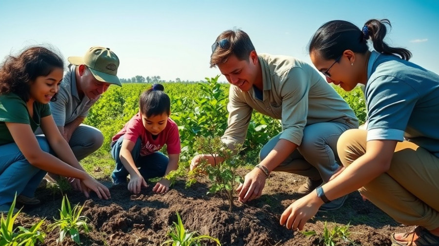 Community Tree Planting event in a field with people planting saplings.