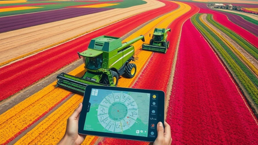 Futuristic combine harvesters in colorful fields, aerial view.