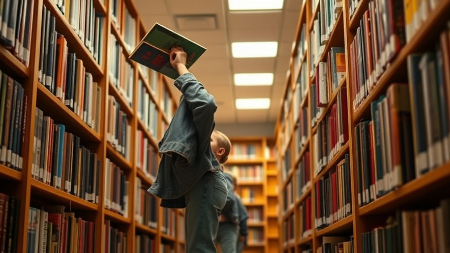 Child reaching for a high library book, symbolizing Kids Want to Read Harder Stuff.