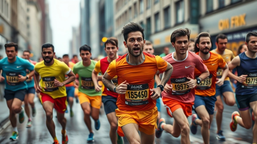 Marathon runners sprinting in colorful attire, city streets.