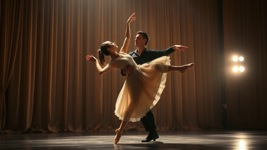 Graceful dancers performing under warm stage lighting.