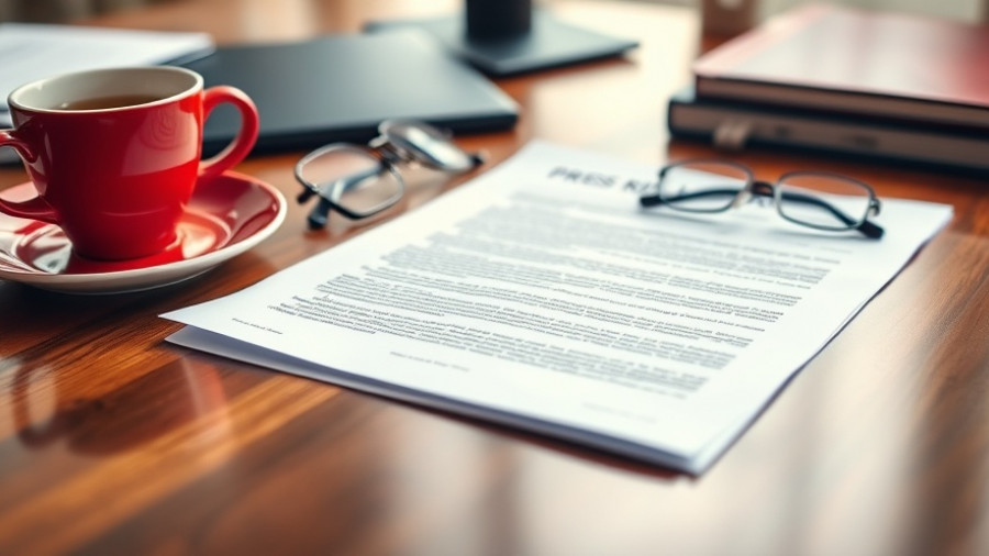 Press release on desk with coffee and glasses.