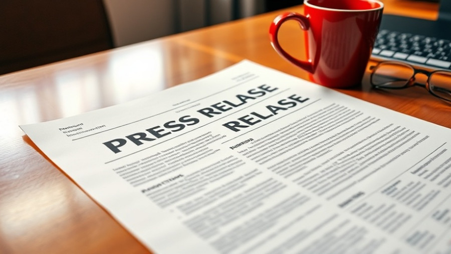 Press release on desk with coffee cup and glasses, related to lawn care services.