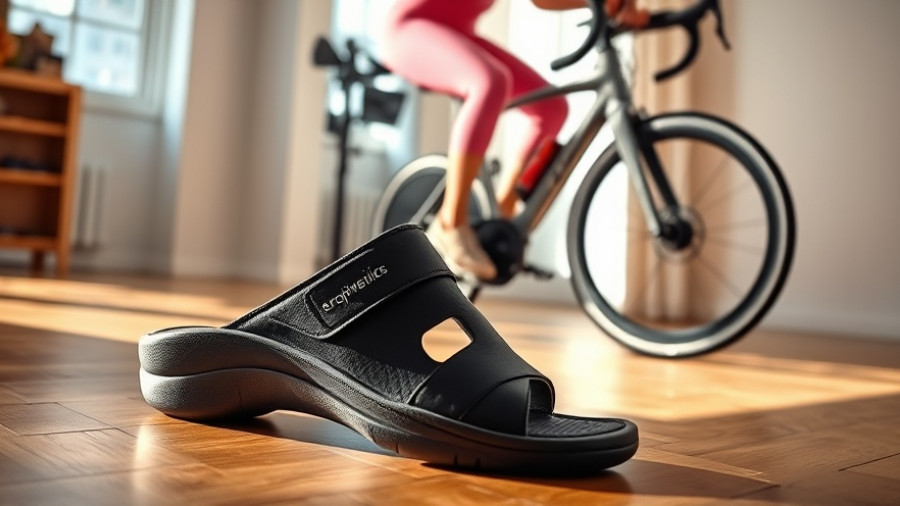 Modern recovery sandals and woman cycling on exercise bike.