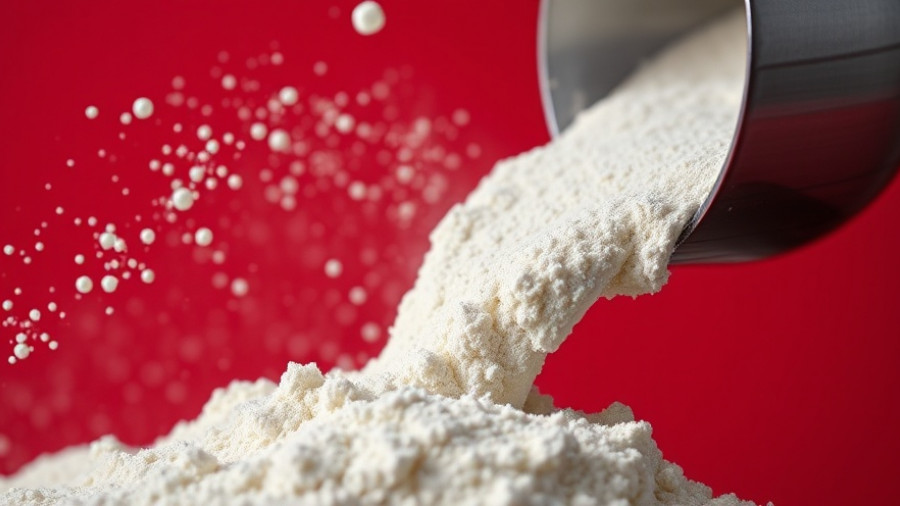 Close-up of protein powder pouring from a scoop, red background.