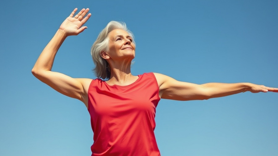 Senior woman performing yoga stretches for seniors flexibility outside.