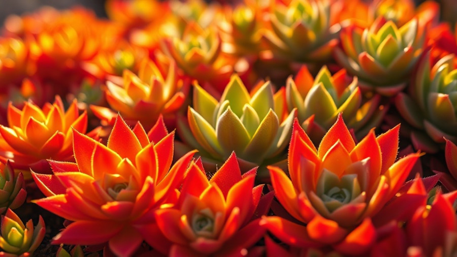 Vivid orange foliage succulent plants in sunlight in a garden.