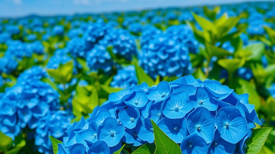 Vivid blue hydrangeas in a field basking in natural light.