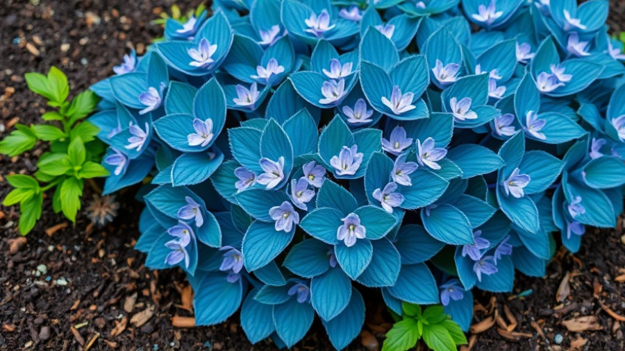 Lush blue foliage plants with pale purple flowers in a garden.