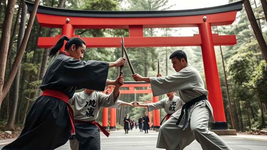 Martial artists practicing beneath red torii gate in Renshusei training.