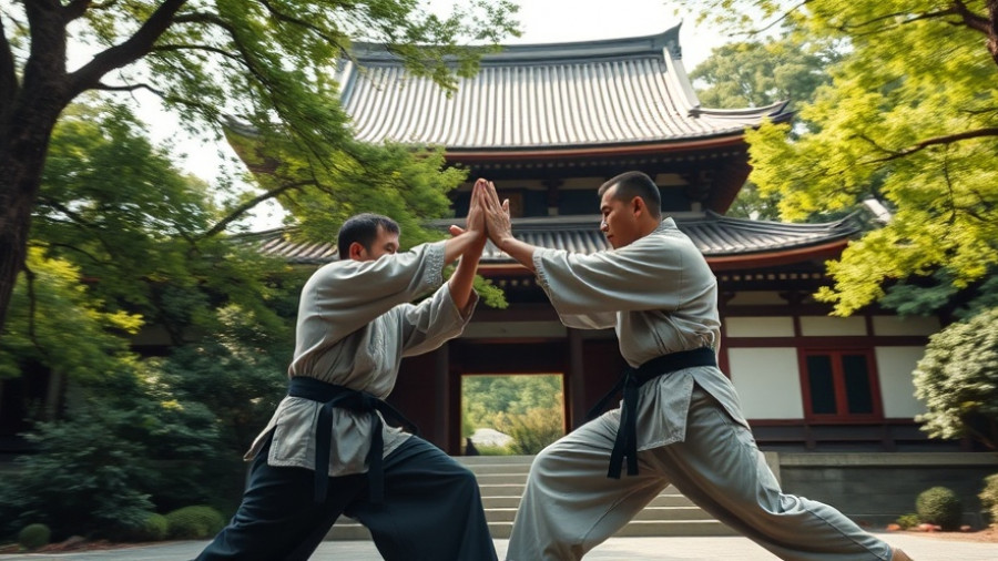 Martial artists sparring at a temple in Gurnee, lush greenery.