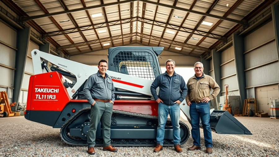 Men posing with Takeuchi TL11R3 loader in industrial setting.