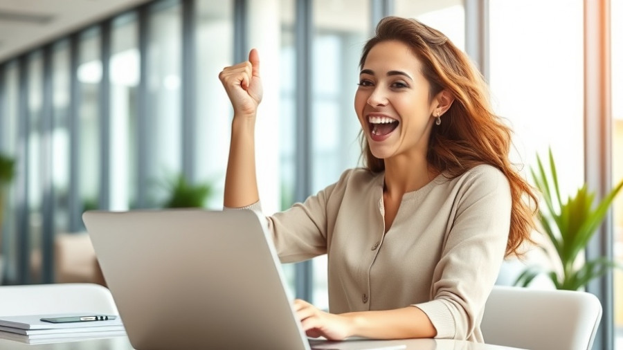 Excited woman celebrates Nu Holdings stock buy success on laptop.