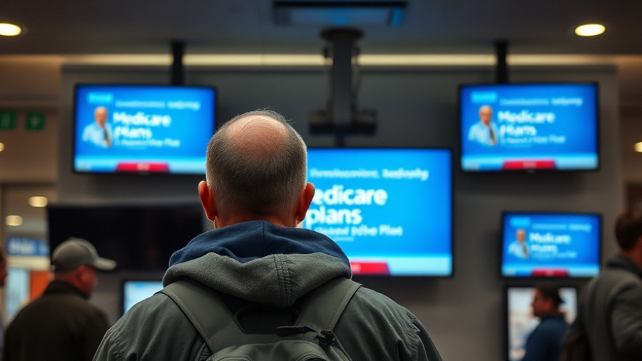 Person viewing Medicare Advantage plan infomercials in public setting.
