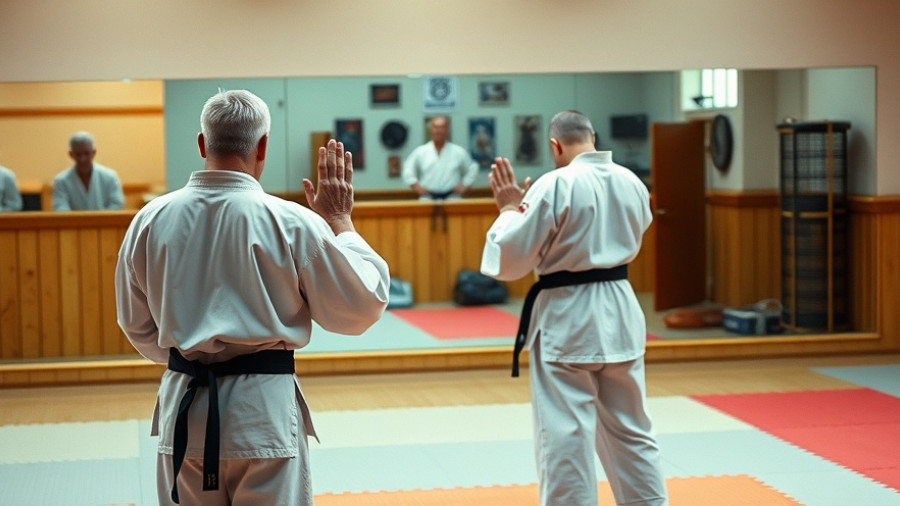 Martial artists bowing in a dojo with mirrored walls in Gurnee.